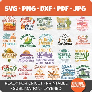 May include: A collection of Southwestern-themed digital designs, including cacti, aliens, and desert landscapes. The designs feature phrases like "Desert Vibes" and "Roswell or Bust," perfect for Cricut projects. The image includes the words "SVG, PNG, DXF, PDF, JPG."