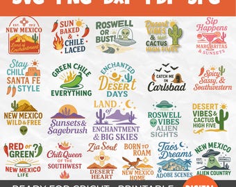 New Mexico SVG Bundle | 26 Desert Quotes and Roswell, Santa Fe, Alien, Chile, and Southwest Designs | Perfect for Cricut, Sublimation & DIY
