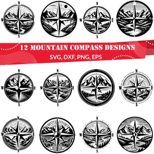 Puede incluir: Doce diseños de brújula en blanco y negro que representan una cordillera, un río y una rosa de los vientos. El texto "12 MOUNTAIN COMPASS DESIGNS" y "SVG, DXF, PNG, EPS" se encuentra en la parte superior de la imagen.