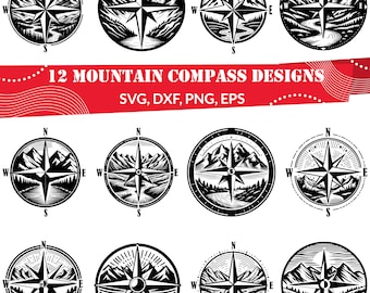 Puede incluir: Doce diseños de brújula en blanco y negro que representan una cordillera, un río y una rosa de los vientos. El texto "12 MOUNTAIN COMPASS DESIGNS" y "SVG, DXF, PNG, EPS" se encuentra en la parte superior de la imagen.