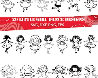 Puede incluir: Una colección de 20 ilustraciones en blanco y negro de niñas bailando. Cada niña se representa en una pose diferente, con vestidos y varios peinados. El texto "20 LITTLE GIRL DANCE DESIGNS" se muestra en rojo.