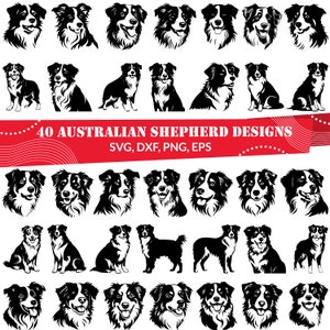 Puede incluir: 40 diseños de siluetas en blanco y negro de perros pastores australianos en varias poses, incluyendo sentados, de pie y corriendo. Los diseños son perfectos para proyectos de manualidades, como camisetas, tazas y pegatinas. Se incluyen los formatos de archivo SVG, DXF, PNG y EPS.
