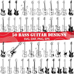May include: Fifty black and white bass guitar designs. The designs are in a variety of styles, including vintage, modern, and abstract. The designs are perfect for use in crafts, scrapbooking, and other creative projects. SVG, DXF, PNG, EPS.