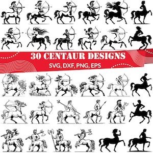 May include: A set of 30 black and white vector illustrations of centaurs. The centaurs are depicted in various poses, including standing, running, and shooting arrows. The illustrations are perfect for use in a variety of projects, such as website design, print media, and social media.