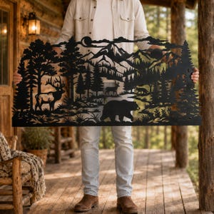 Vilda djur och skogsscenpanel SVG DXF, björn älg berg väggkonst, naturpanorama CNC