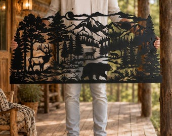 Wildlife Forest Scene Panel SVG DXF, Bear Elk Mountain Wall Art, Nature Panoramic CNC