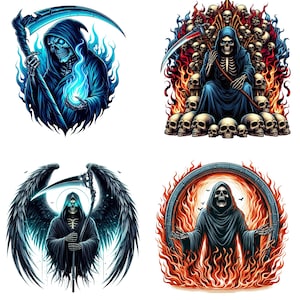 May include: Four digital illustrations of the Grim Reaper. One figure is surrounded by blue flames, another sits on a throne of skulls, a third has large black wings, and the last is framed by fire.