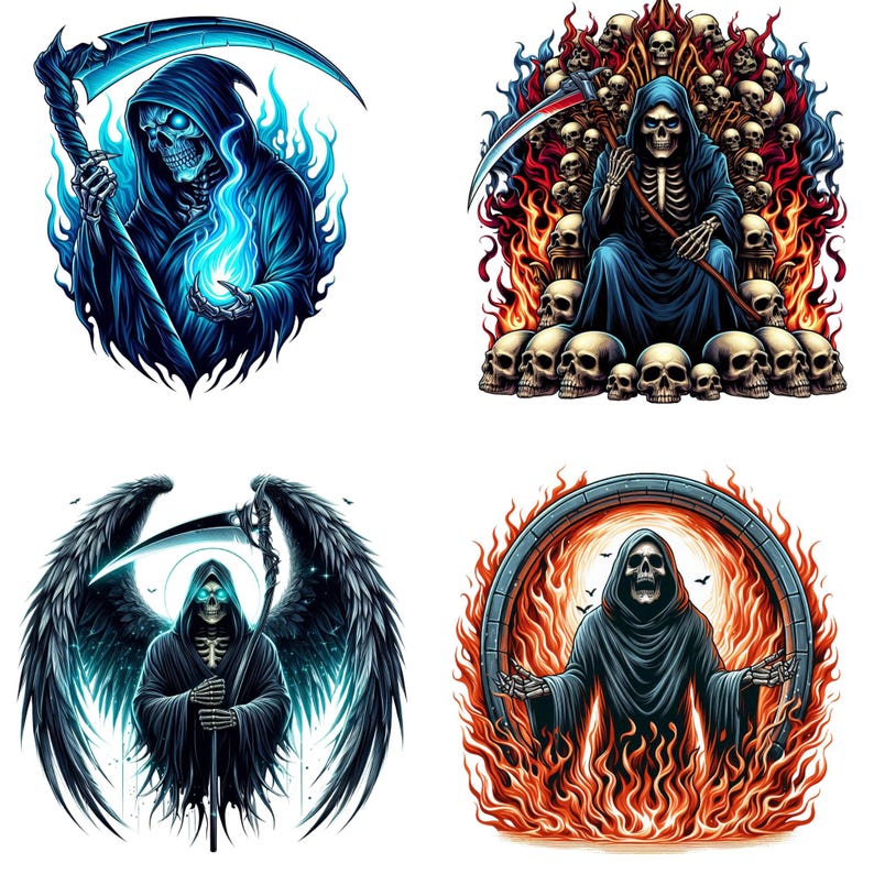 May include: Four digital illustrations of the Grim Reaper. One figure is surrounded by blue flames, another sits on a throne of skulls, a third has large black wings, and the last is framed by fire.