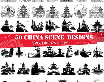 中国の風景SVGバンドル、パゴダ建築クリップアート、アジアの風景シルエット、東洋の寺院カットファイル