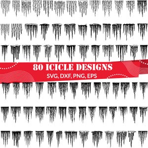 Könnte beinhalten: Eine Sammlung von 80 Eiszapfen-Designs in Schwarz und Weiß. Die Designs variieren in Form und Größe, wobei einige detaillierter erscheinen als andere. Der Text "80 ICICLE DESIGNS" wird auf einem roten Banner zusammen mit Dateitypoptionen angezeigt.
