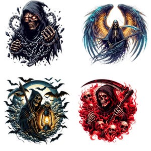 May include: Four digital illustrations of the Grim Reaper. One image shows the Reaper with chains, another with wings and a scythe. The other two images show the Reaper with a lantern and surrounded by skulls.
