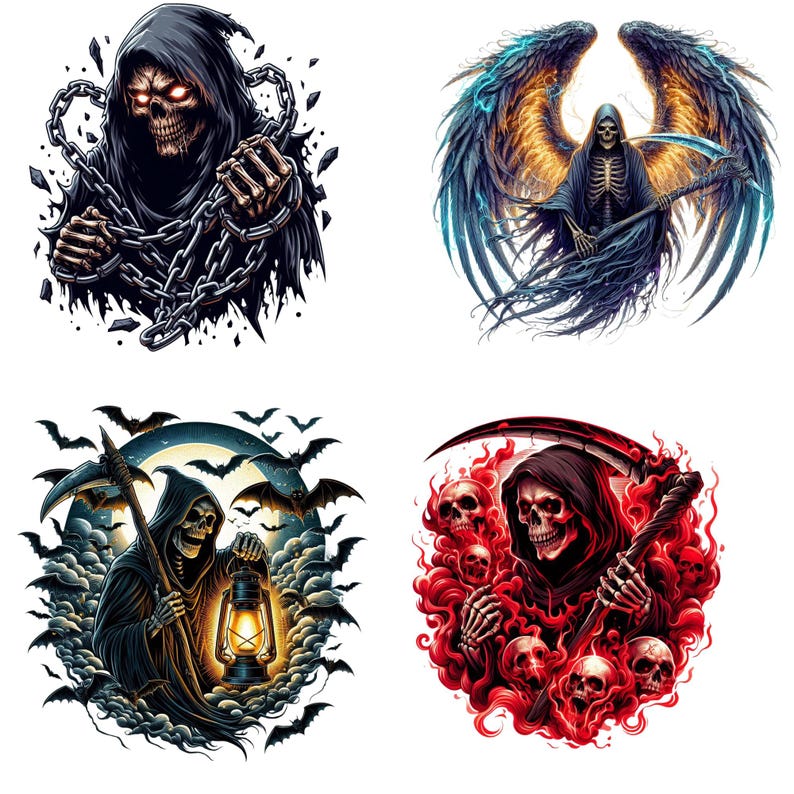 May include: Four digital illustrations of the Grim Reaper. One image shows the Reaper with chains, another with wings and a scythe. The other two images show the Reaper with a lantern and surrounded by skulls.