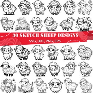 May include: A collection of 30 black and white line art sheep illustrations featuring various poses and expressions. The image includes the text 30 SKETCH SHEEP DESIGNS SVG, DXF, PNG, EPS on a red banner. Each sheep has a distinct curly wool pattern.