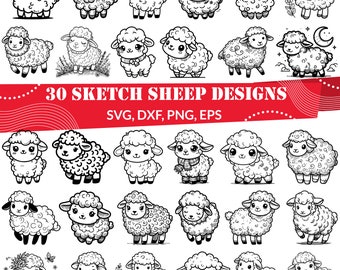 Puede incluir: Una colección de 30 ilustraciones de ovejas en blanco y negro con diversas poses y expresiones. La imagen incluye el texto 30 SKETCH SHEEP DESIGNS SVG, DXF, PNG, EPS en una banda roja. Cada oveja presenta un patrón de lana rizada distinto.