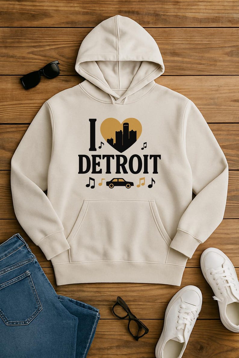 May include: Cream hoodie with a front pocket, displaying "I ❤️ DETROIT" in black and gold. The design includes a heart-shaped cityscape, musical notes, and a car. Sunglasses, jeans, and white trainers are also visible.