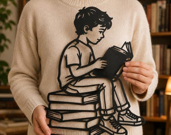 Jongen lezen op boeken Lasergesneden bestand SVG DXF, boekenwurm Wall Art Design, boekenliefhebber CNC-plasma