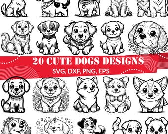 Paquete de archivos SVG de perros / 20 diseños de arte lineal de cachorros / Perro para Cricut, regalo para amantes de las mascotas