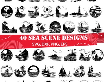 Puede incluir: Un conjunto de 40 diseños de escenas marinas en blanco y negro. Los diseños presentan varios elementos como veleros, faros, palmeras y olas. El texto "40 SEA SCENE DESIGNS" y "SVG, DXF, PNG, EPS" está incluido en la imagen.
