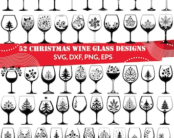 May include: A collection of 52 Christmas wine glass designs in black and white. The glasses feature various festive patterns, including Christmas trees, snowflakes, and floral motifs. The image includes the text "52 Christmas Wine Glass Designs SVG, DXF, PNG, EPS."