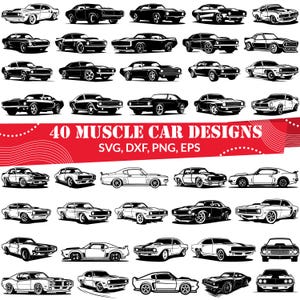 May include: A set of 40 black and white muscle car designs. The designs are in a variety of styles, including classic, modern, and sporty. The designs are perfect for use in crafts, scrapbooking, and other creative projects. 40 Muscle Car Designs SVG, DXF, PNG, EPS