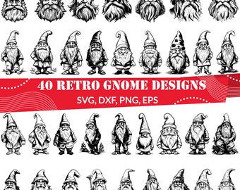 40 Retro Gnome SVG Bundle, Garden Gnome Clipart, Vintage Folklore Vector, Nordic Tomte Silhouette, Mythical Forest Art, Cricut & Laser Cut