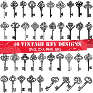 May include: A set of 40 vintage key designs in black and white. The keys are ornate and detailed, with intricate swirls and flourishes. The designs are perfect for crafting, scrapbooking, or digital projects.  SVG, DXF, PNG, EPS.