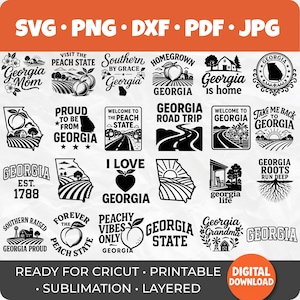 May include: A collection of black and white SVG, PNG, DXF, PDF, and JPG digital designs featuring Georgia-themed graphics. Designs include peaches, state outlines, and phrases like "Georgia Mom" and "Georgia is home."