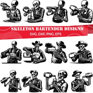 Pode incluir: Ilustrações a preto e branco de bartenders esqueleto a servir bebidas. Os esqueletos usam várias roupas, incluindo macacões e chapéus de cowboy. O texto "SKELETON BARTENDER DESIGNS" é exibido em vermelho.