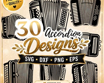 Paquete de archivos SVG de acordeón, imágenes prediseñadas de instrumentos musicales, silueta de acordeón, archivos de corte de música folclórica polka.