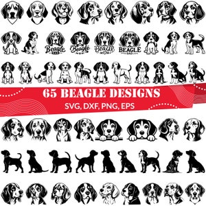 Puede incluir: Un conjunto de 65 ilustraciones de perros Beagle en blanco y negro en varias poses, incluyendo retratos, cuerpo completo y sentados. Las ilustraciones son perfectas para proyectos de manualidades, como camisetas, tazas y pegatinas. El texto "65 Beagle Designs" y "SVG, DXF, PNG, EPS" está incluido en la imagen.