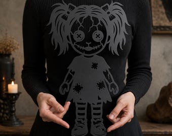 Creepy Doll lasergesneden bestand SVG DXF, gotische voodoo-pop kunst aan de muur, griezelige lappenpop CNC