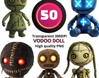 50 Voodoo Doll Clipart Set – Creepy Cute Plush Dolls PNG Bundle, Horror Ragdoll Art, Spooky Halloween PNGs, Transparent