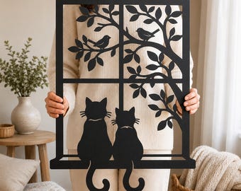 Katzen am Fenster Laser geschnitten Datei SVG DXF, Katzen und Vögel Wand Kunst Design, Fensterrahmen Glowforge Dateien, Katzenliebhaber CNC