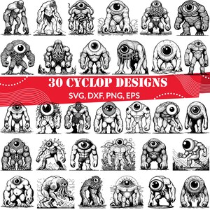 Peut inclure: Un ensemble de 30 illustrations numériques en noir et blanc de monstres cyclopes. Les illustrations sont de style cartoon et présentent divers designs de cyclopes, dont certains avec des tentacules, des cornes et d'autres caractéristiques. Le texte "30 CYCLOP DESIGNS SVG, DXF, PNG, EPS" est en haut de l'image.