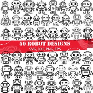 Pode incluir: Uma coleção de 50 designs de robôs em preto e branco. Os robôs têm várias formas e características, com o texto "50 ROBOT DESIGNS" e opções de tipo de arquivo: SVG, DXF, PNG, EPS.