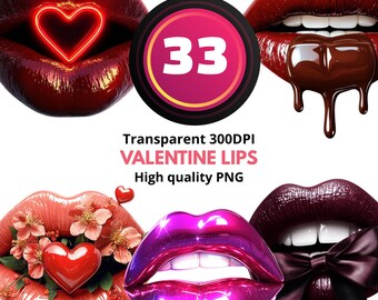 PNG-set met 33 valentijnlippen | Glanzende lippen met chocolade, bloemen en harten | Sexy glamoureuze clipart | 300 dpi transparant png-bestand
