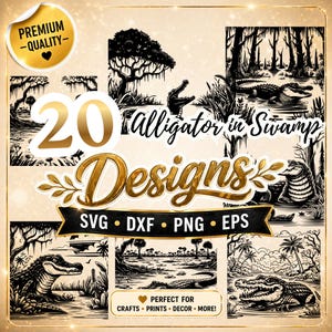 Puede incluir: Un conjunto de diseños digitales con 20 ilustraciones de caimanes en blanco y negro. Los diseños incluyen caimanes en entornos de pantano, con texto que dice "Alligator in Swamp Designs" y "Perfect for Crafts, Prints, Decor, More!"