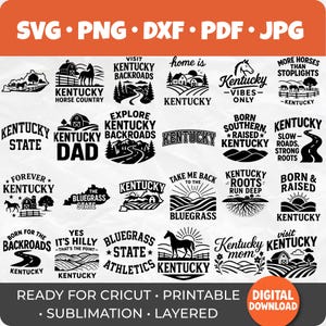 May include: A collection of digital design files for Kentucky-themed designs, including SVG, PNG, DXF, PDF, and JPG formats. The designs feature various Kentucky-related phrases and imagery, such as horses, barns, and road signs. Perfect for crafting projects.