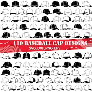 Pode incluir: 110 designs de bonés de beisebol em preto e branco. Os bonés estão em vários estilos e ângulos. O texto "110 Baseball Cap Designs" está na parte superior da imagem. O texto "SVG, DXF, PNG, EPS" está abaixo do título.