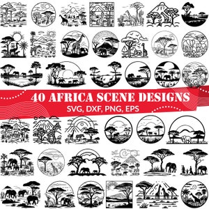 May include: A set of 40 black and white vector illustrations of African scenes. The illustrations feature animals, trees, mountains, and other elements of the African landscape. The text "40 AFRICA SCENE DESIGNS SVG, DXF, PNG, EPS" is displayed at the bottom of the image.