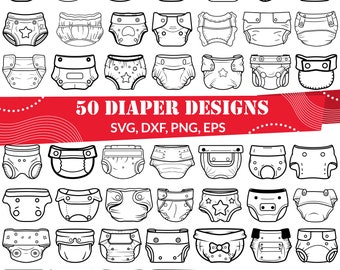 Puede incluir: Un conjunto de 50 ilustraciones en blanco y negro de diferentes diseños de pañales. Los diseños incluyen varios patrones, formas y adornos, como estrellas, lazos y corazones. El texto "50 DIAPER DESIGNS" y "SVG, DXF, PNG, EPS" se muestra debajo de las imágenes.