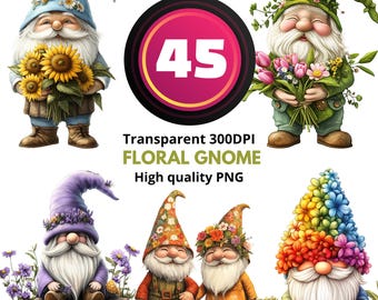 Floral Gnome PNG Bundle, 45 Garden Gnome Clipart, Spring Transparent Sublimation Designs