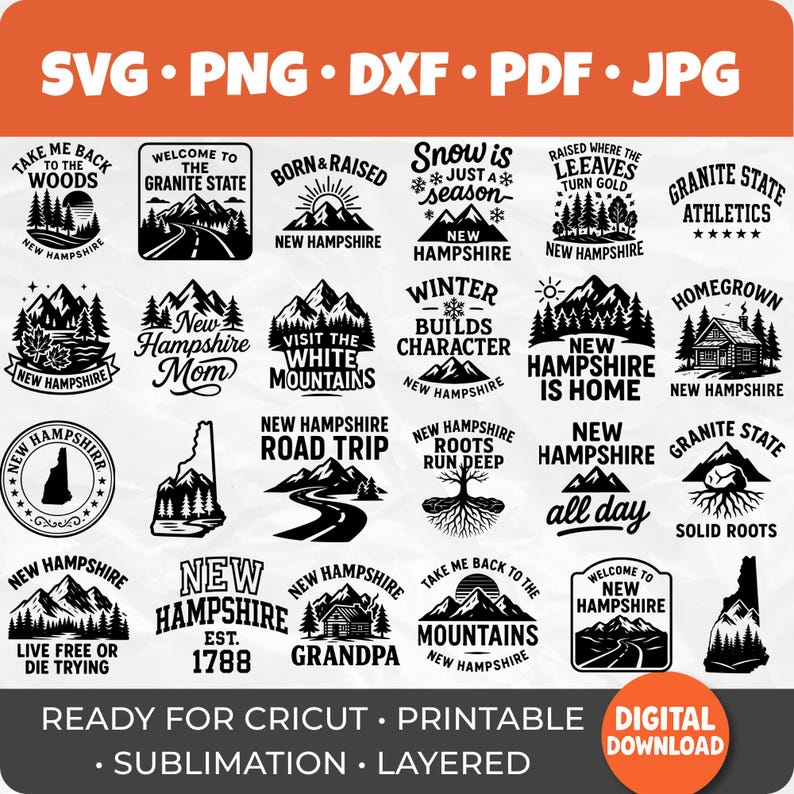 New Hampshire SVG Bundle, NH State Map Silhouette, White Mountains ...