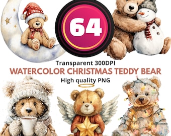 64 Watercolor Christmas Teddy Bear PNG Bundle – Cute Bear Clipart, Cozy Winter Bear PNG, Holiday Sublimation, Transparent 300 DPI