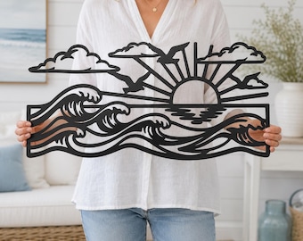Ozeanwellen-Sonnenuntergang (Laserschnittdatei SVG DXF), Küstenstrand-Wandbild, Nautischer Sonnenaufgang, Meereslandschaft am Horizont