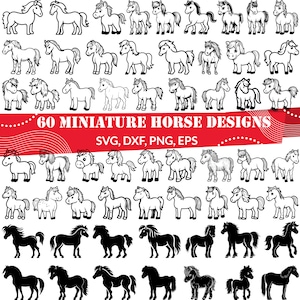 May include: Sixty black and white miniature horse designs in various poses. The designs are ideal for crafting projects, scrapbooking, and digital design.