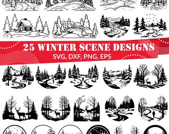 冬の風景 SVG バンドル、雪に覆われた森の SVG、冬の風景 DXF、冬の風景 png、冬の風景 eps、冬の風景 ベクター、冬の風景 カット ファイル