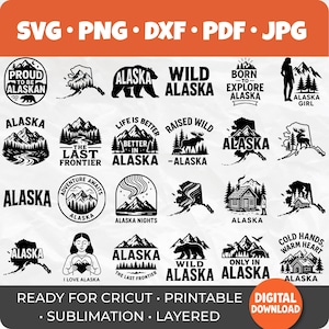 Pode incluir: Uma coleção de designs em preto e branco com tema do Alasca, incluindo ursos, montanhas e textos como "Wild Alaska" e "Alaska Nights". A imagem também inclui informações sobre tipos de arquivo: SVG, PNG, DXF, PDF e JPG.