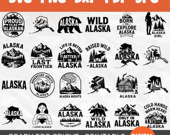 50 Alaska SVG Bundle | Adventure & Wilderness Quote Designs | The Last Frontier Clipart | Explore Nature, Alaska Map