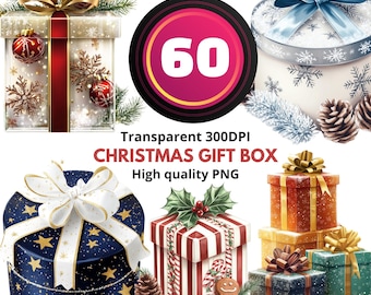 60 Christmas Gift Box Clipart Set – Holiday Present PNG Bundle, Festive Wrapped Gifts & Boxes, Christmas Bow Illustrations, 300 DPI